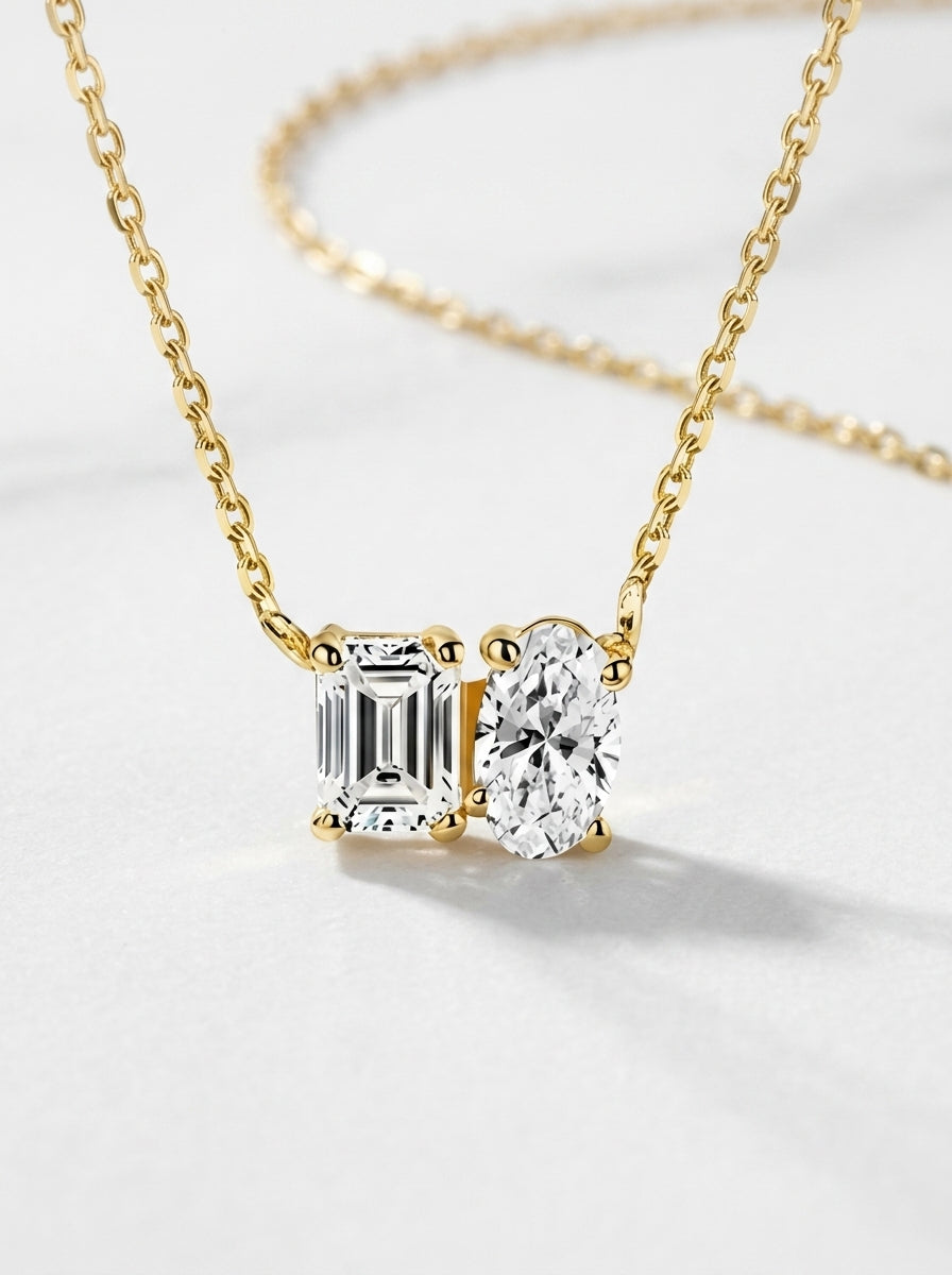 Two-Stone Toi et Moi Necklace with Lab Diamonds & Gemstones - 10K Solid Gold