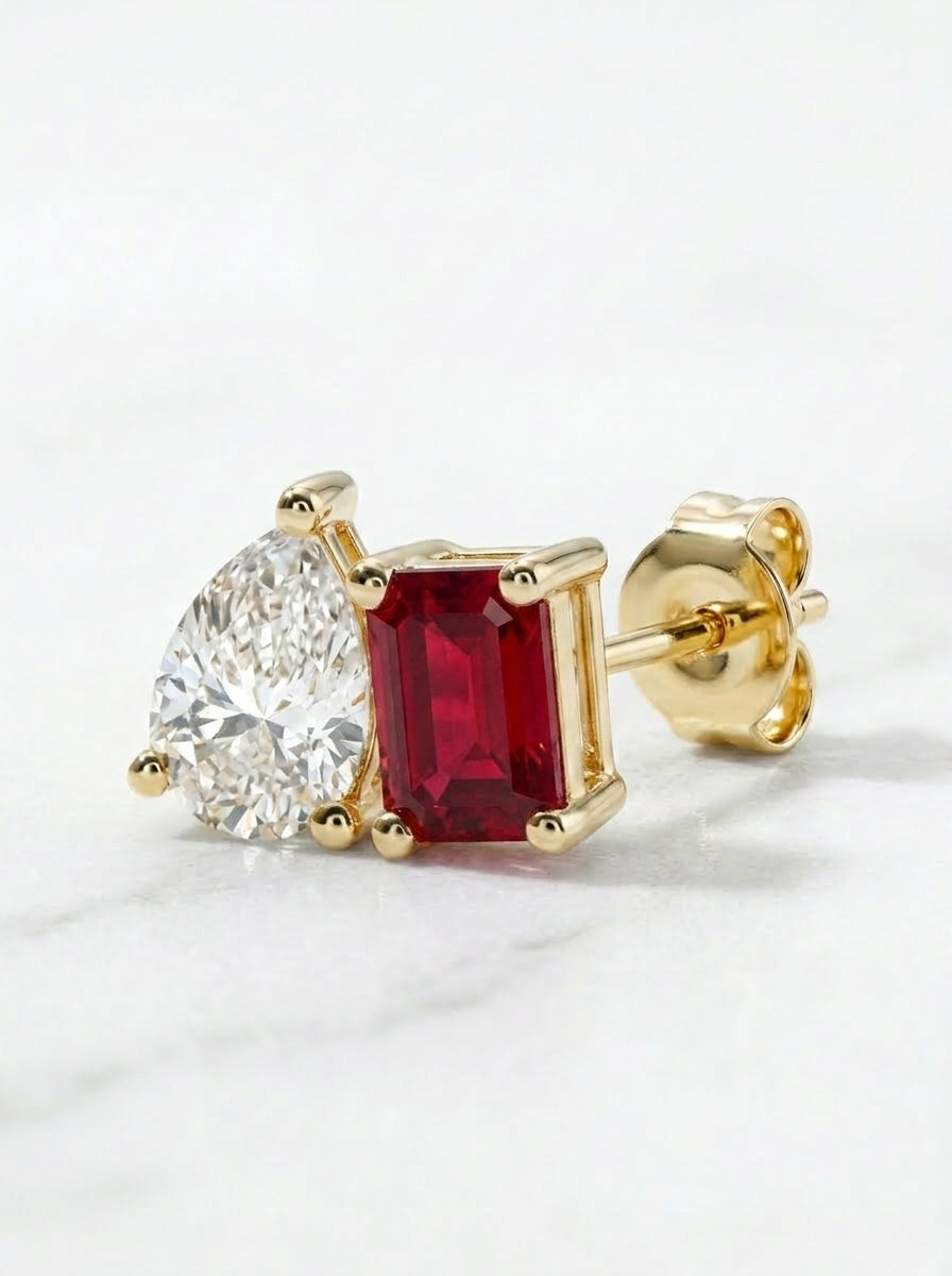 1 CTW Certified Toi et Moi Lab-Grown Diamond & Gemstone Stud Earrings – 10K Solid Gold
