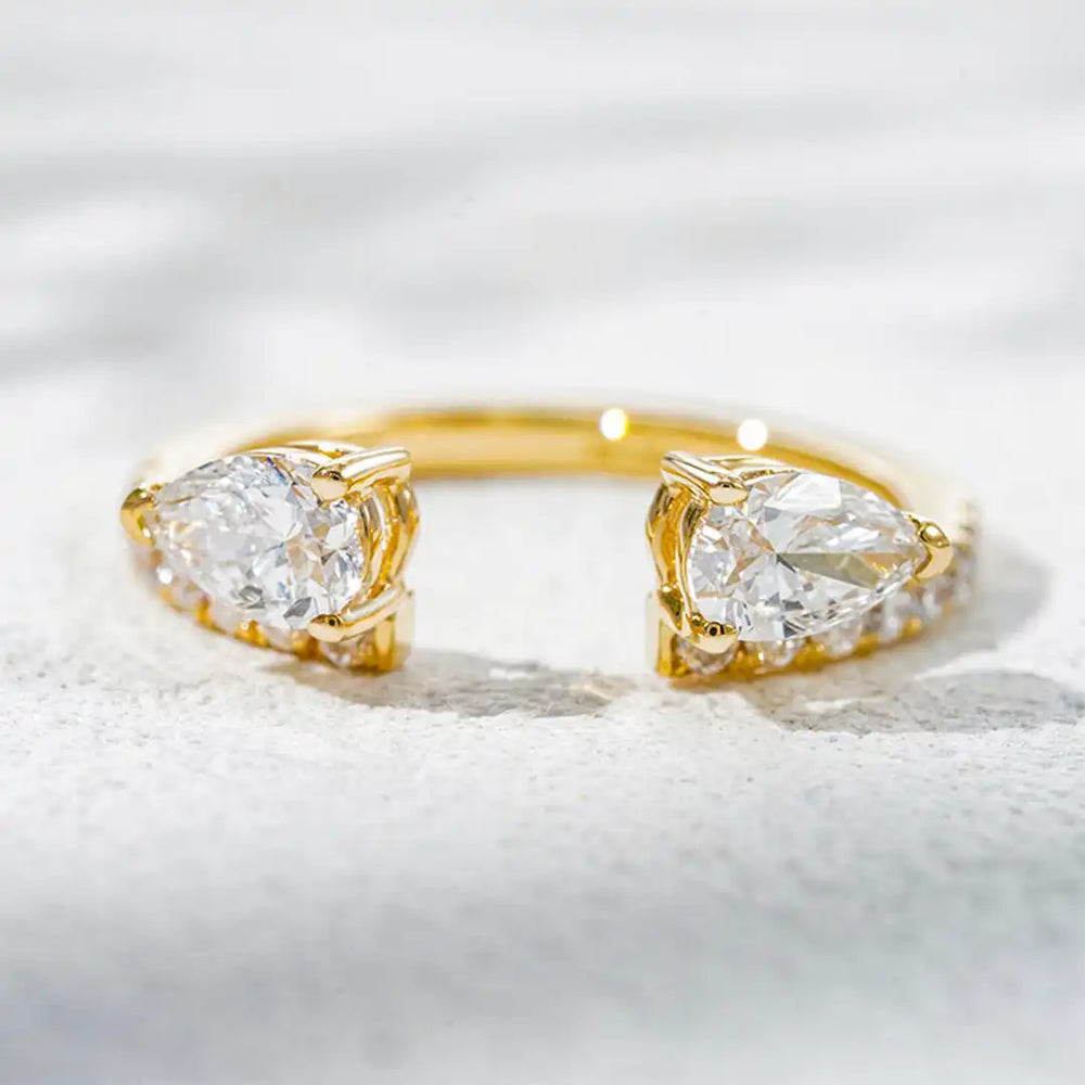 Twin Pear Cut Open Cuff Diamond Ring in 18K Solid Gold