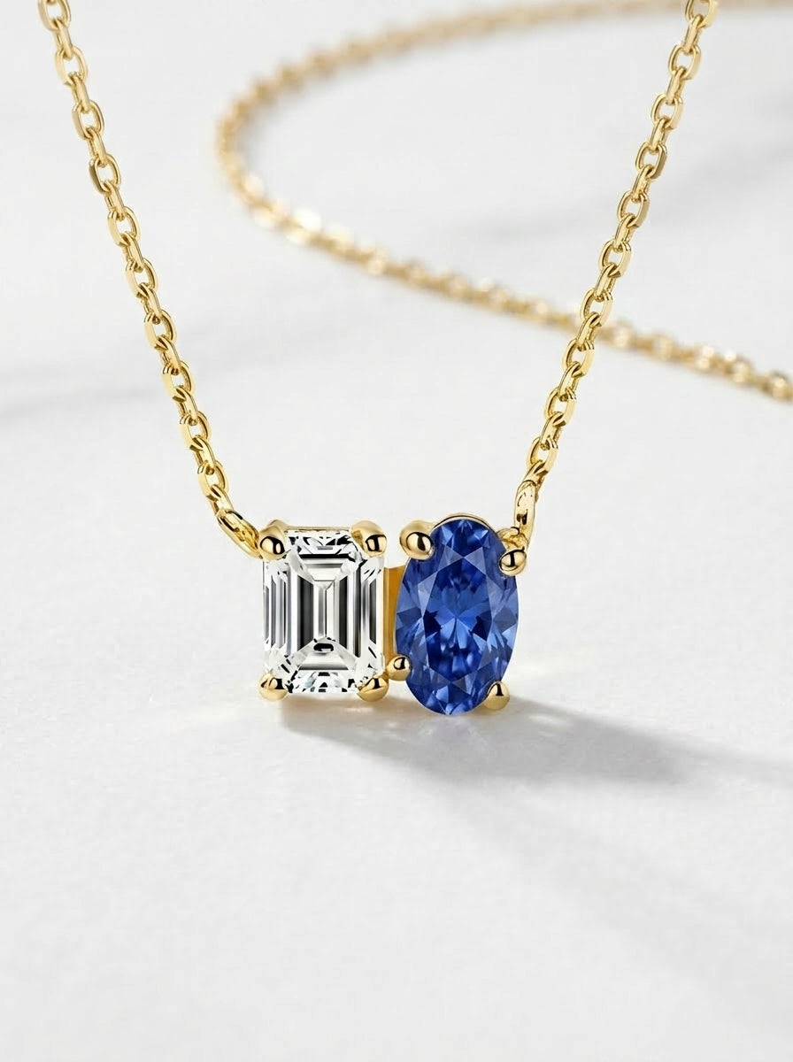 Two-Stone Toi et Moi Necklace with Lab Diamonds & Gemstones - 10K Solid Gold