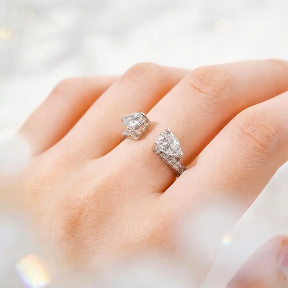 Twin Pear Cut Open Cuff Diamond Ring in 18K Solid Gold