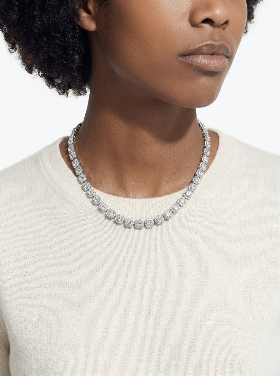 18K Gold Cushion Halo Diamond Tennis Necklace