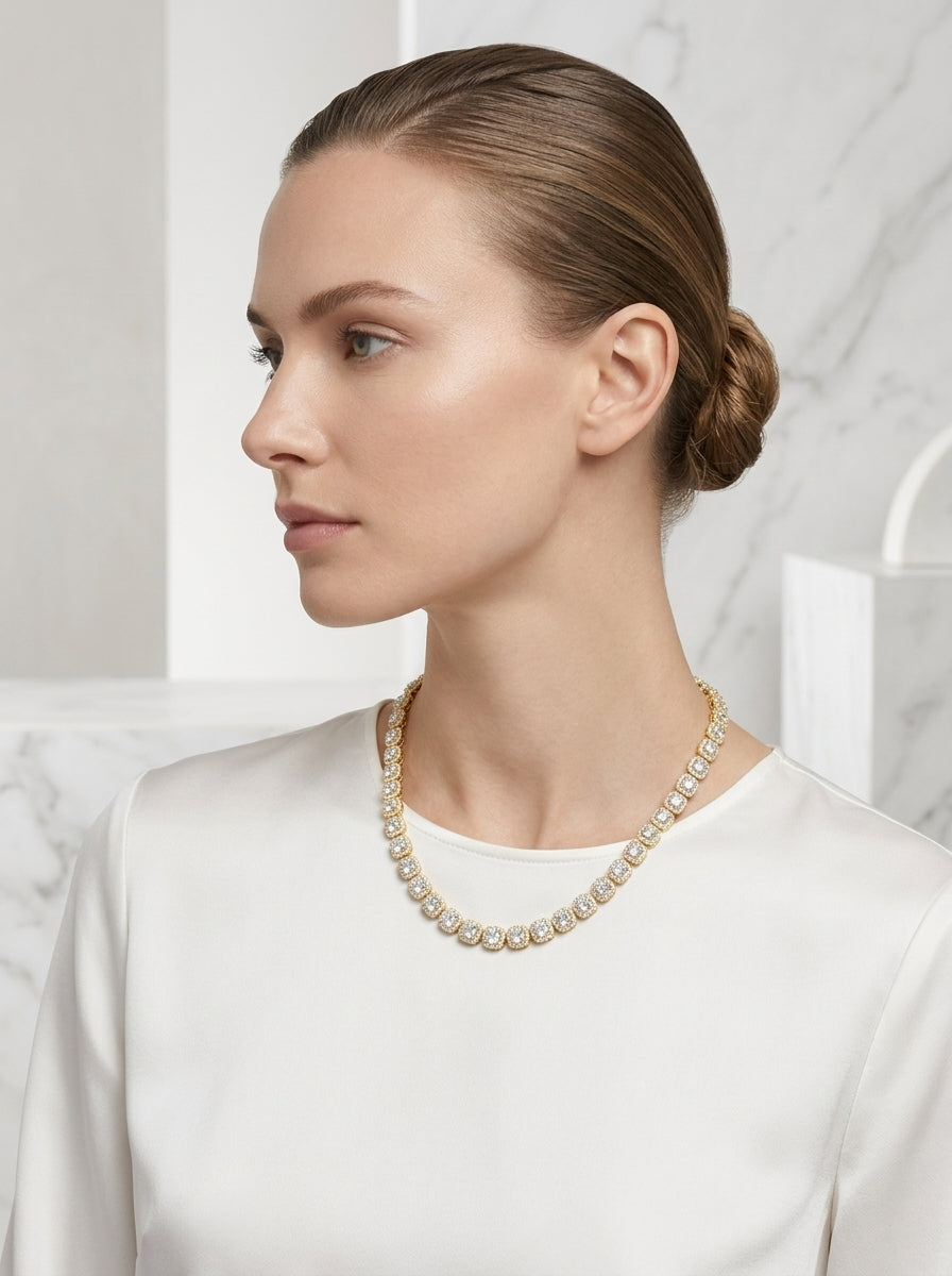 18K Gold Cushion Halo Diamond Tennis Necklace