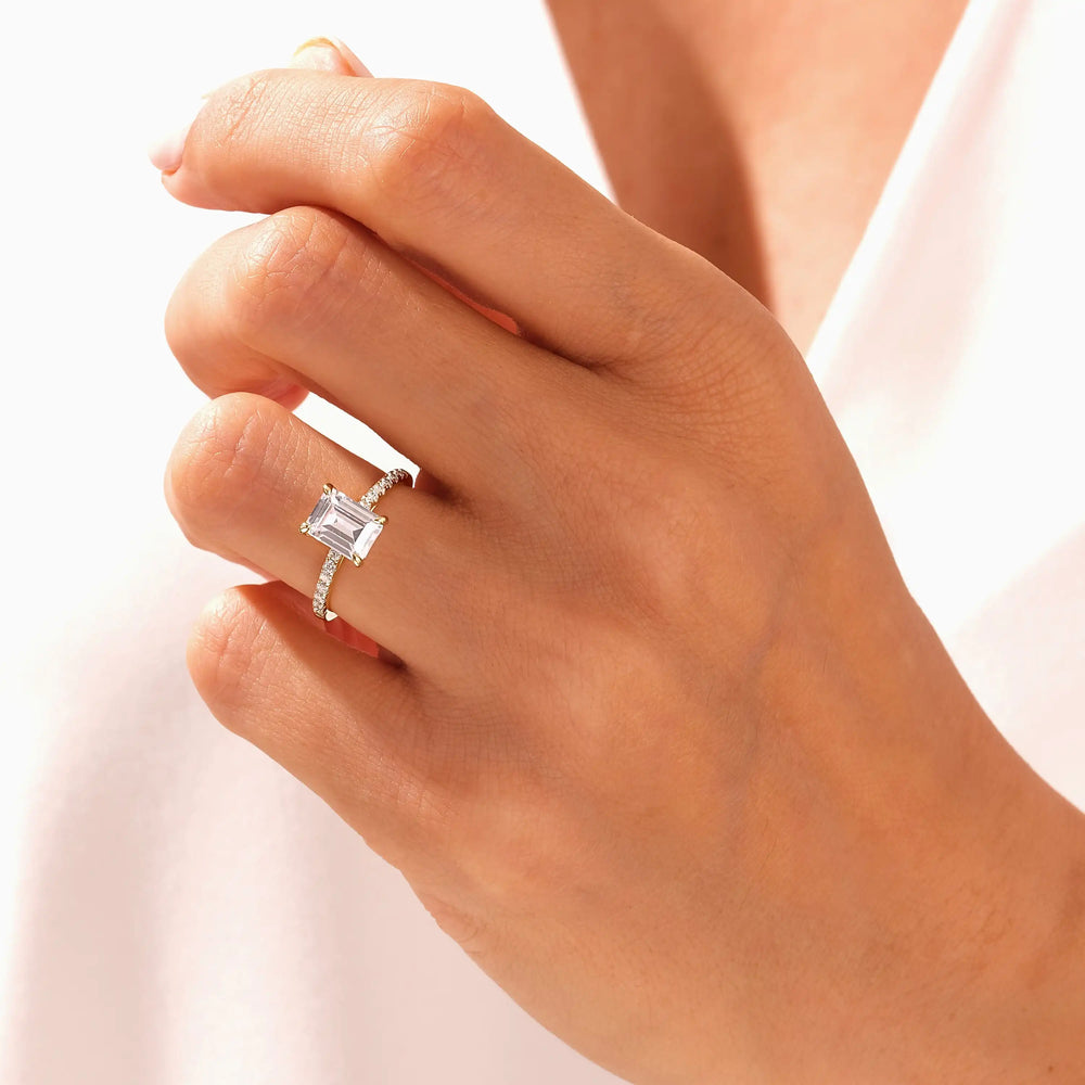 Emerald Cut 1–2 CT Diamond Engagement Ring with Round Pavé Band in 14K/18K Solid Gold