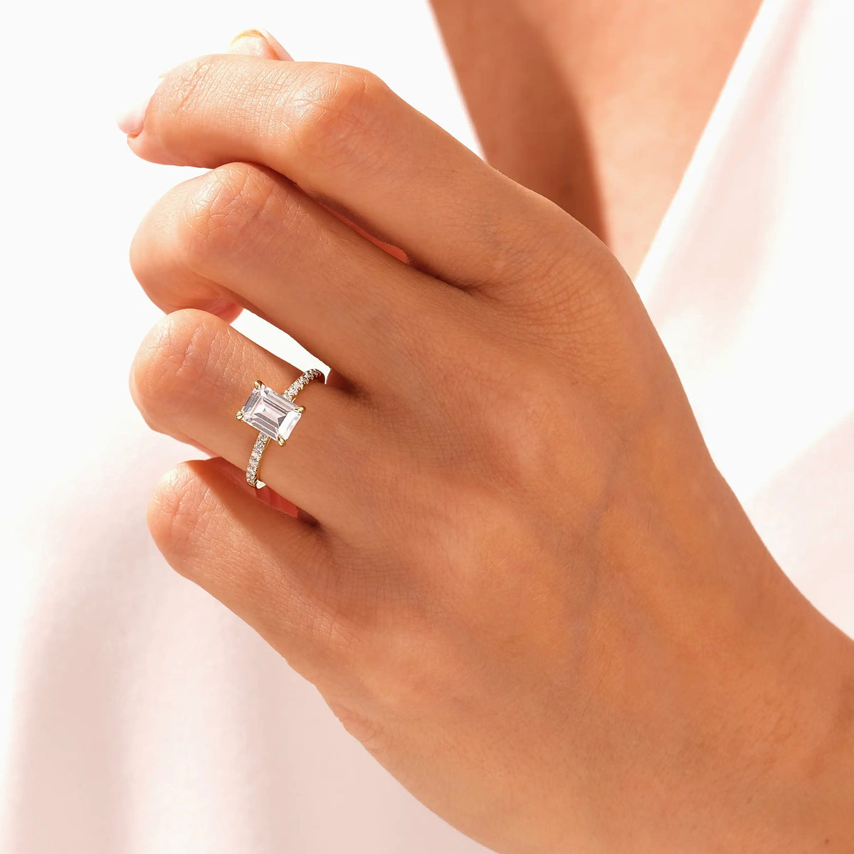 Emerald Cut 1–2 CT Diamond Engagement Ring with Round Pavé Band in 14K/18K Solid Gold