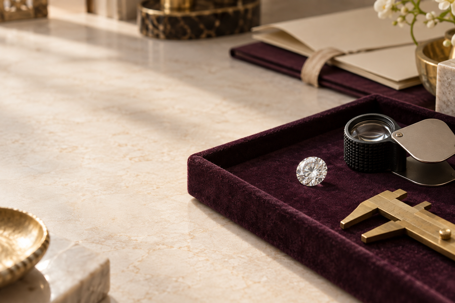 Diamond assessment tools arranged in a jewelry atelier