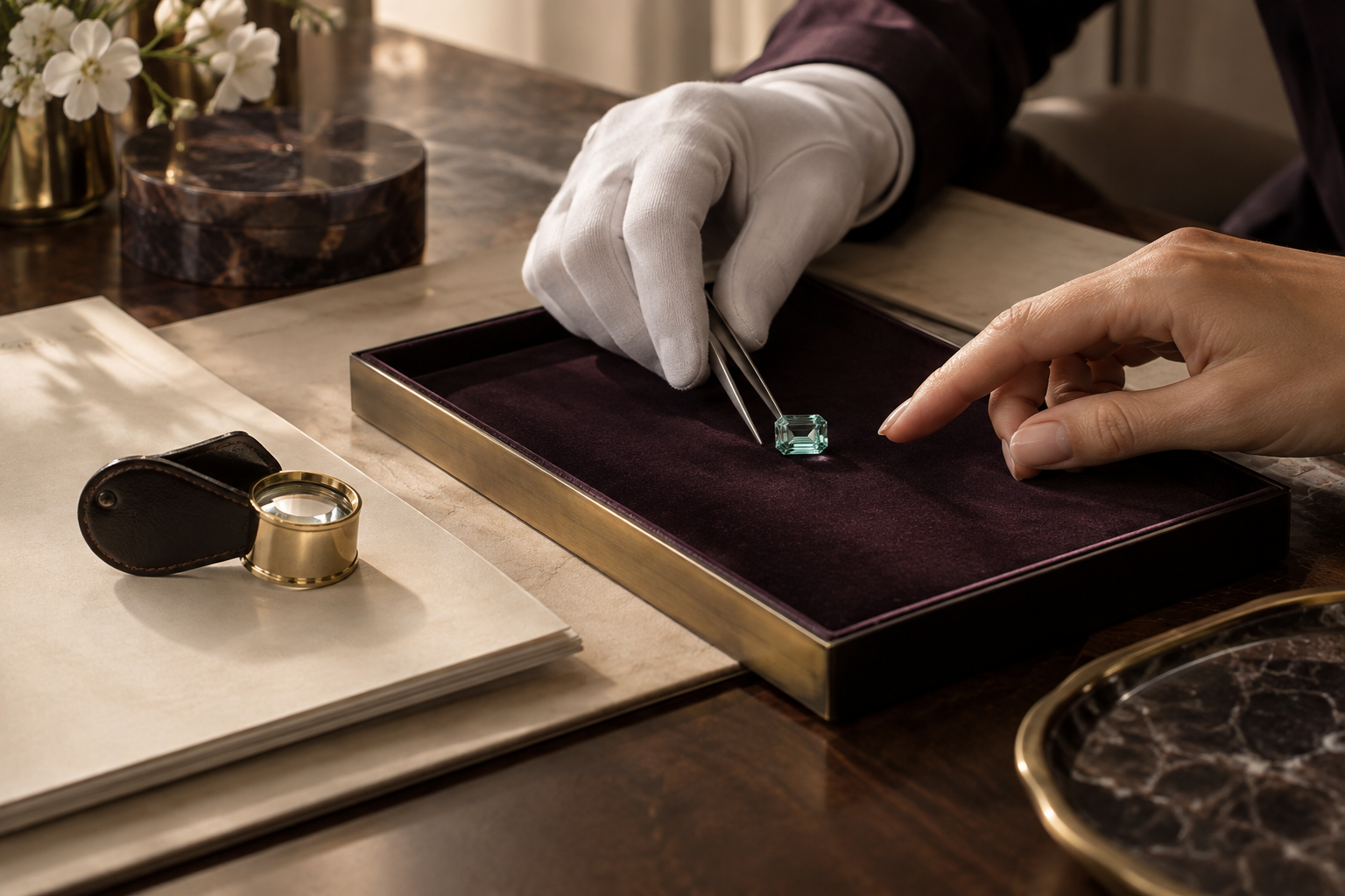 A private consultation to review an emerald-cut gemstone
